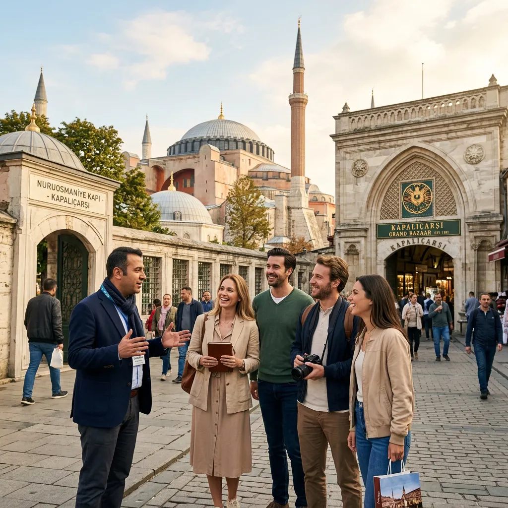 Guide explaining at the Grand Bazaar's Nuruosmaniye entrance with the Hagia Sophia dome and minaret behind in Istanbul