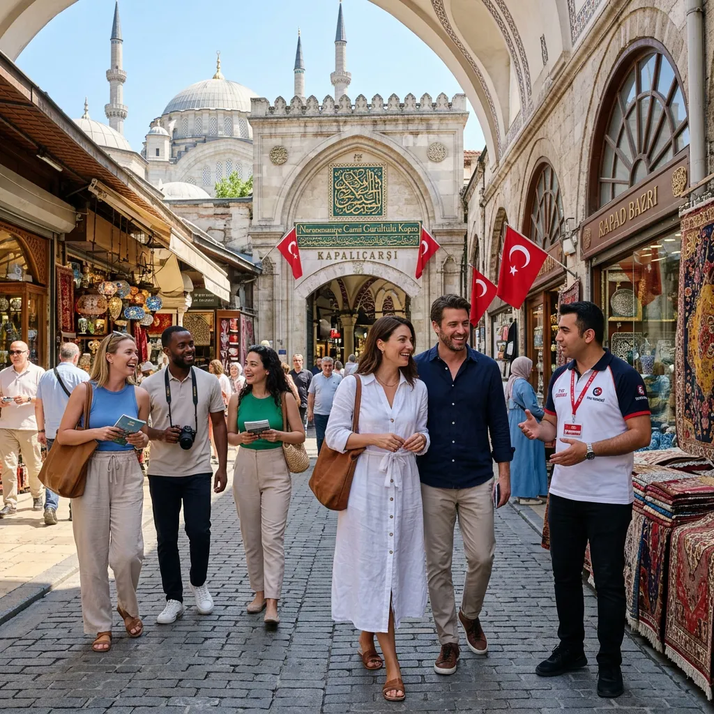 Group walking through the Turkish-flag-draped Grand Bazaar gate with mosque domes and minarets behind in Istanbul