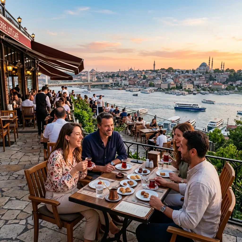 Four guests sipping Turkish tea on Pierre Loti Café terrace at sunset above the Golden Horn skyline