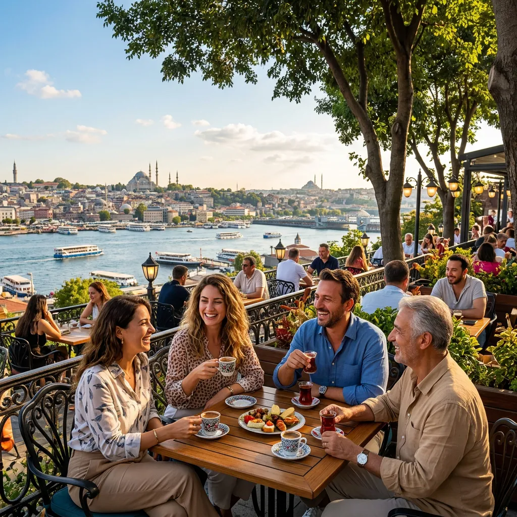 Two couples chatting over tea and traditional sweets on a Pierre Loti terrace framed by trees and the Golden Horn
