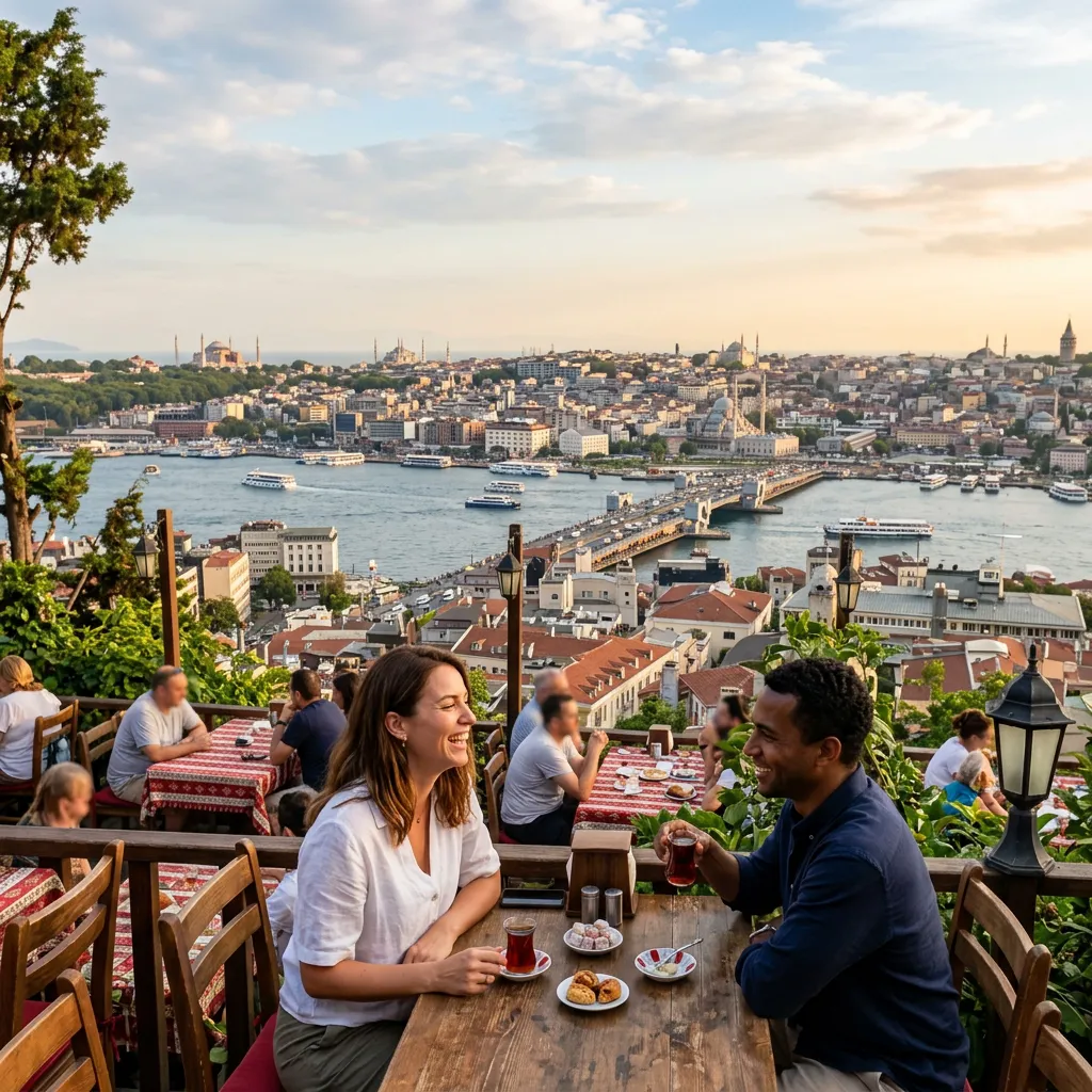 Couple enjoying tea on a Pierre Loti terrace with Golden Horn bridges and Istanbul skyline at sunset behind them