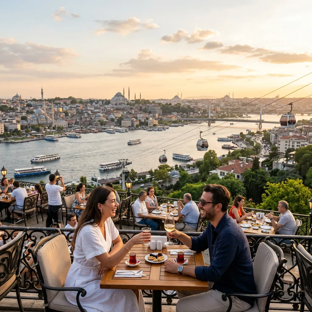 Couple toasting at an elegant balcony table at sunset, with the cable car and Istanbul skyline in the background