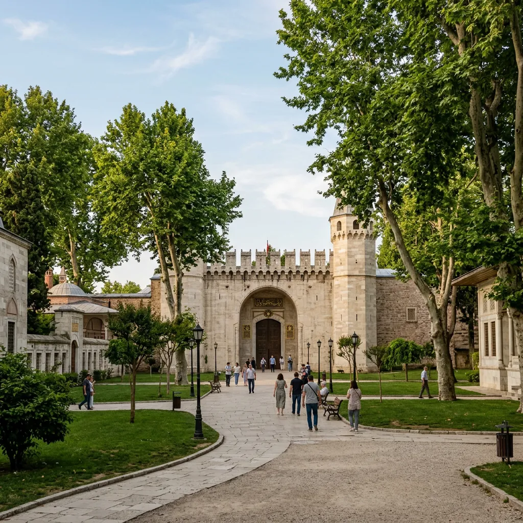 Visitors strolling Topkapi Palace's Gate of Salutation in a tree-lined courtyard, Istanbul palace tour