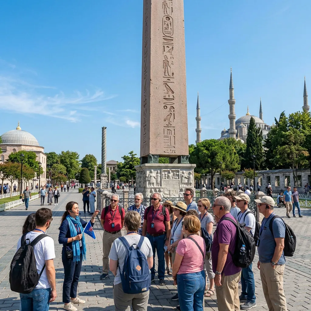 Guide explaining the Obelisk to a tourist group at Sultanahmet Square on an Istanbul guided tour