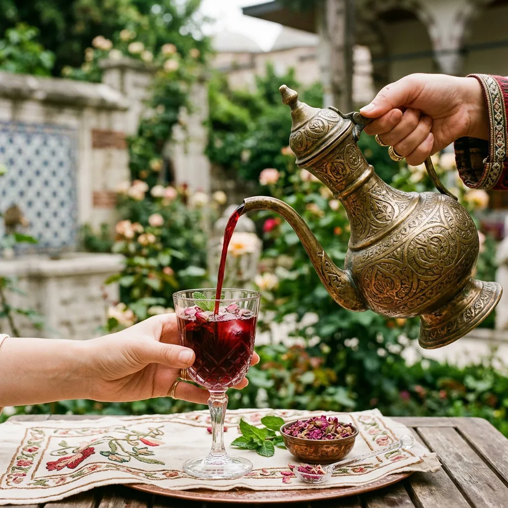 Rose sherbet poured from an engraved brass ewer into a glass in a historic palace garden, Istanbul Ottoman tasting tour