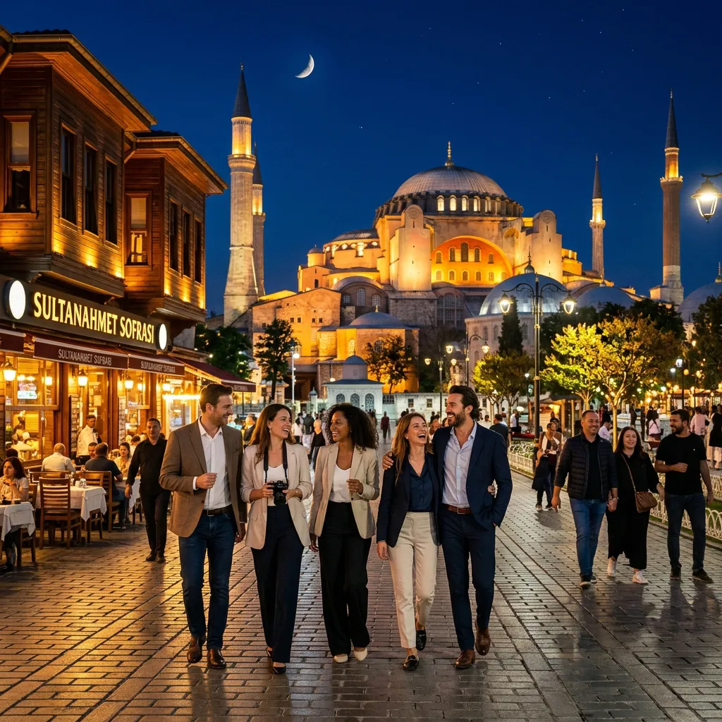 Friends walking past restaurants in Sultanahmet under crescent moon and lit Hagia Sophia at night