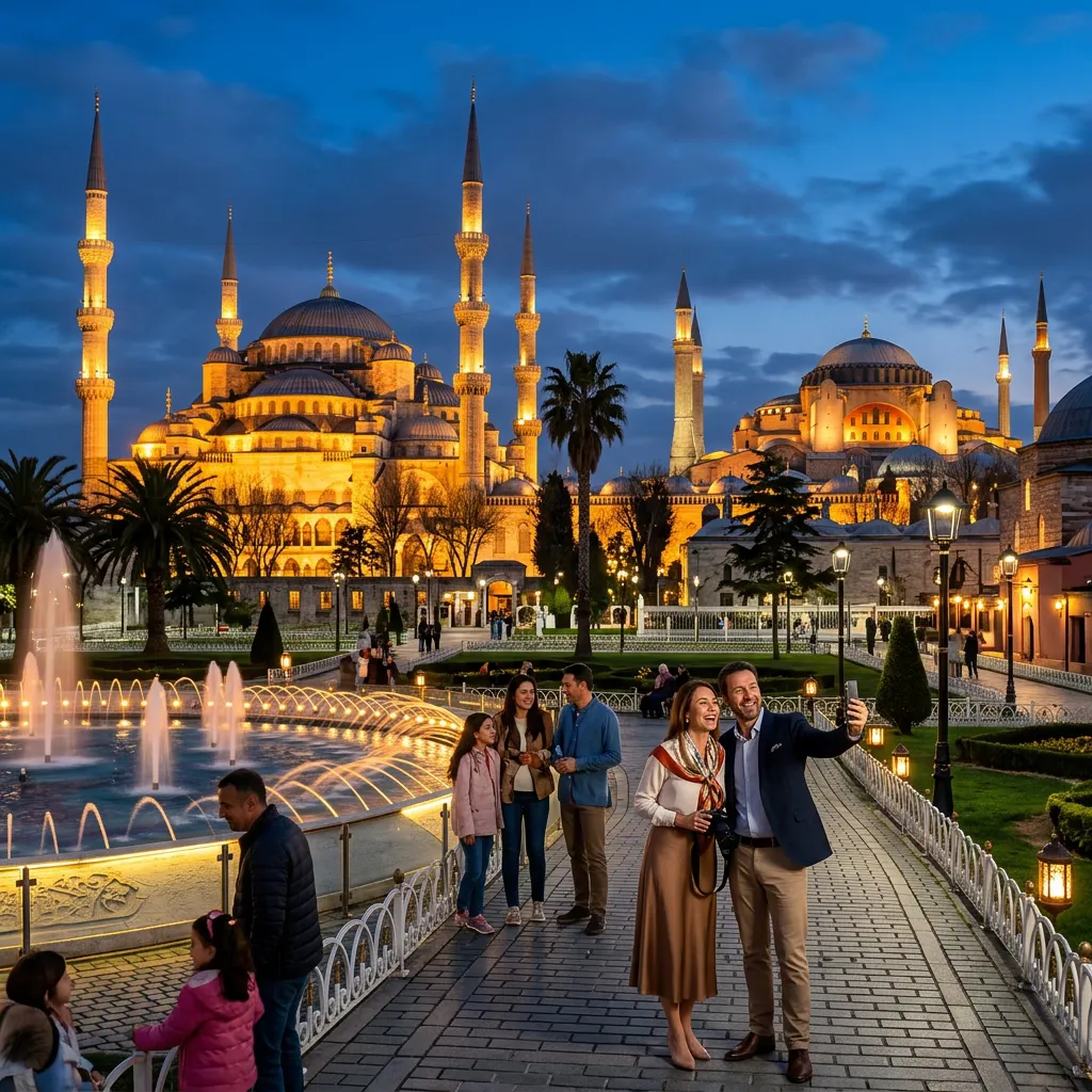 Couple taking selfie by lit fountain before Blue Mosque and Hagia Sophia on evening Istanbul tour