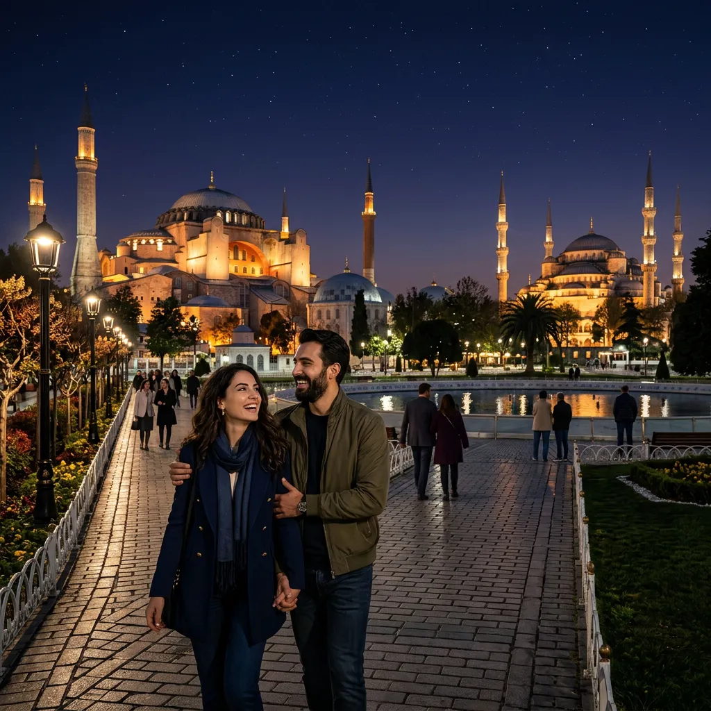 Couple walking garden path between Hagia Sophia and Blue Mosque under starry sky on night tour
