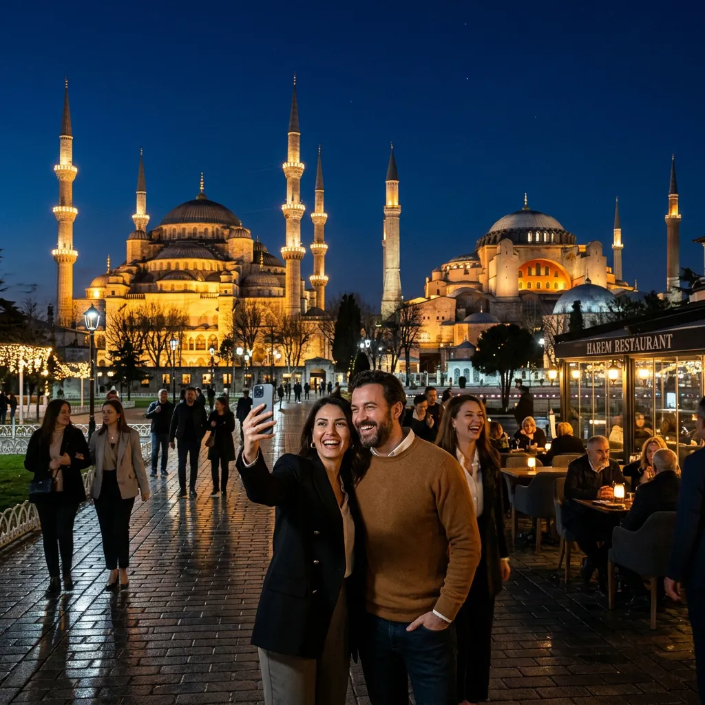 Couple taking selfie before Blue Mosque and Hagia Sophia by outdoor restaurant at night in Istanbul