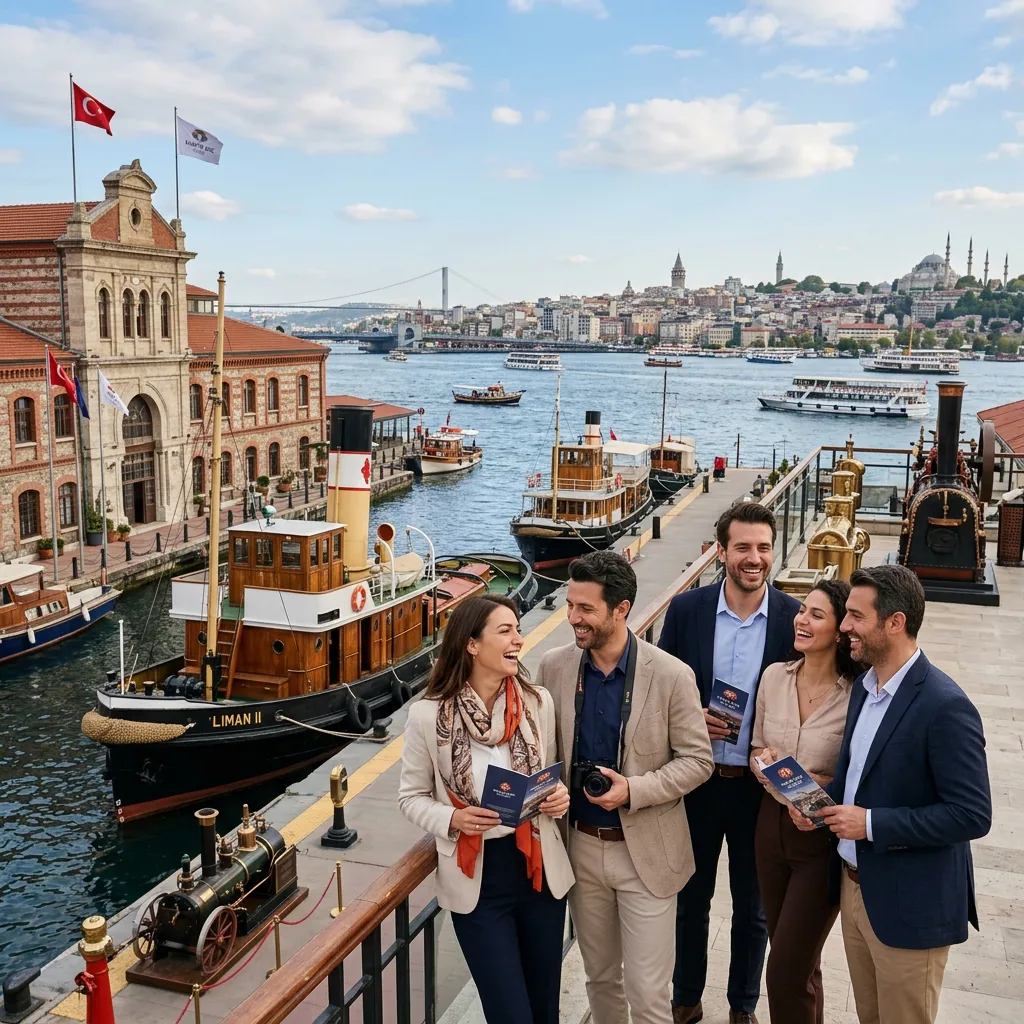 A guided group at Hasköy quay before historic steam tugboats and a miniature steam locomotive in Istanbul