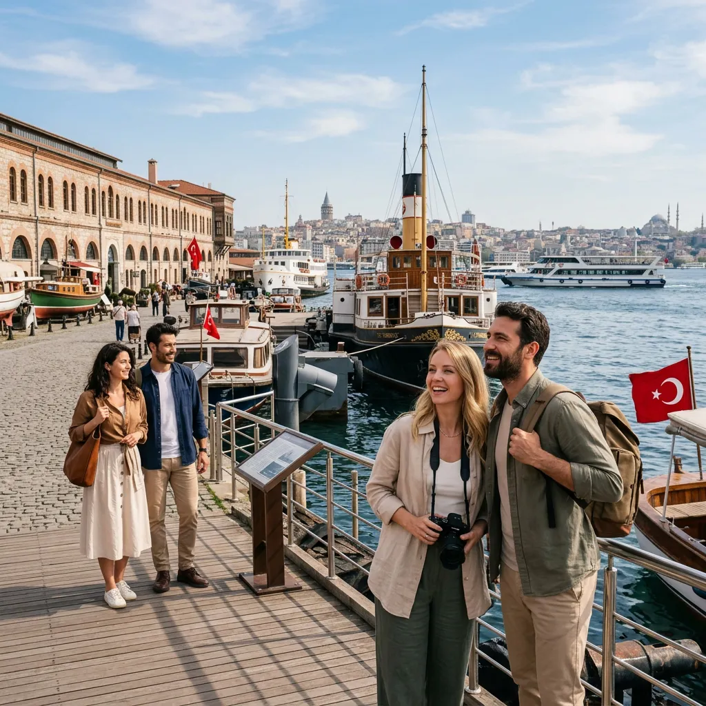 Couples strolling the wooden Hasköy pier past moored steamboats with the Galata Tower skyline in Istanbul