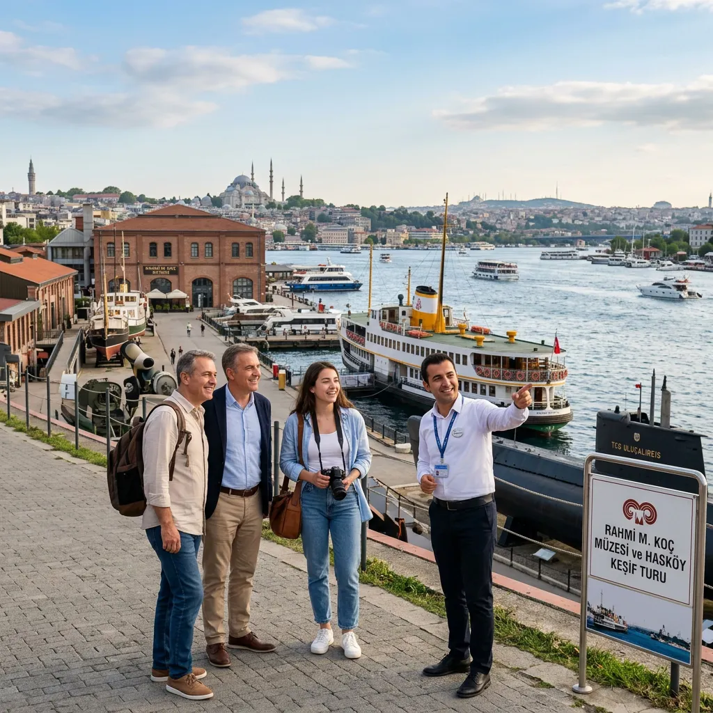 A guide showing travelers the open-air Rahmi M. Koç Museum yard with a steamboat and golden Istanbul skyline