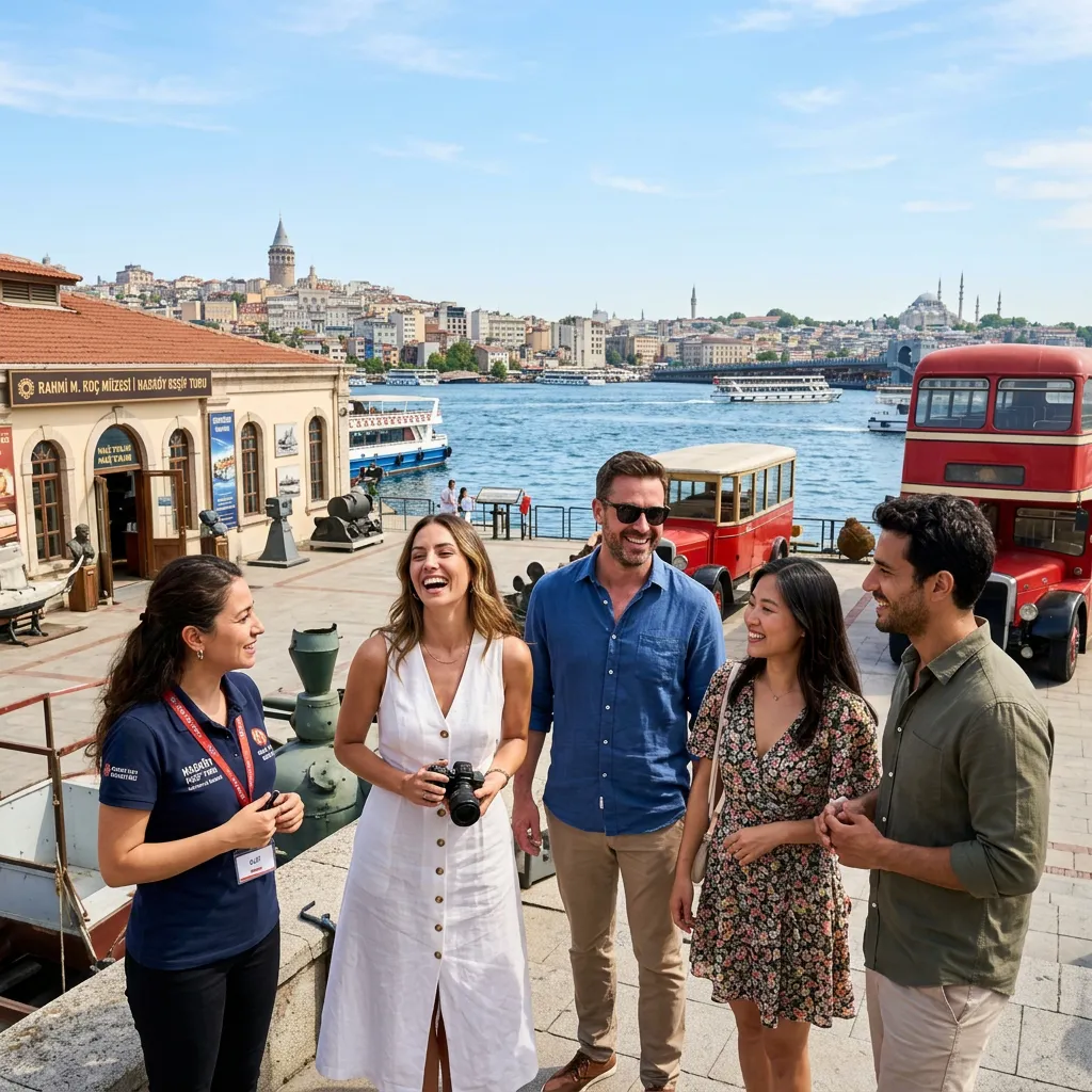 Guided travelers beside historic cannons and a red double-decker bus with the Golden Horn and Galata Tower view