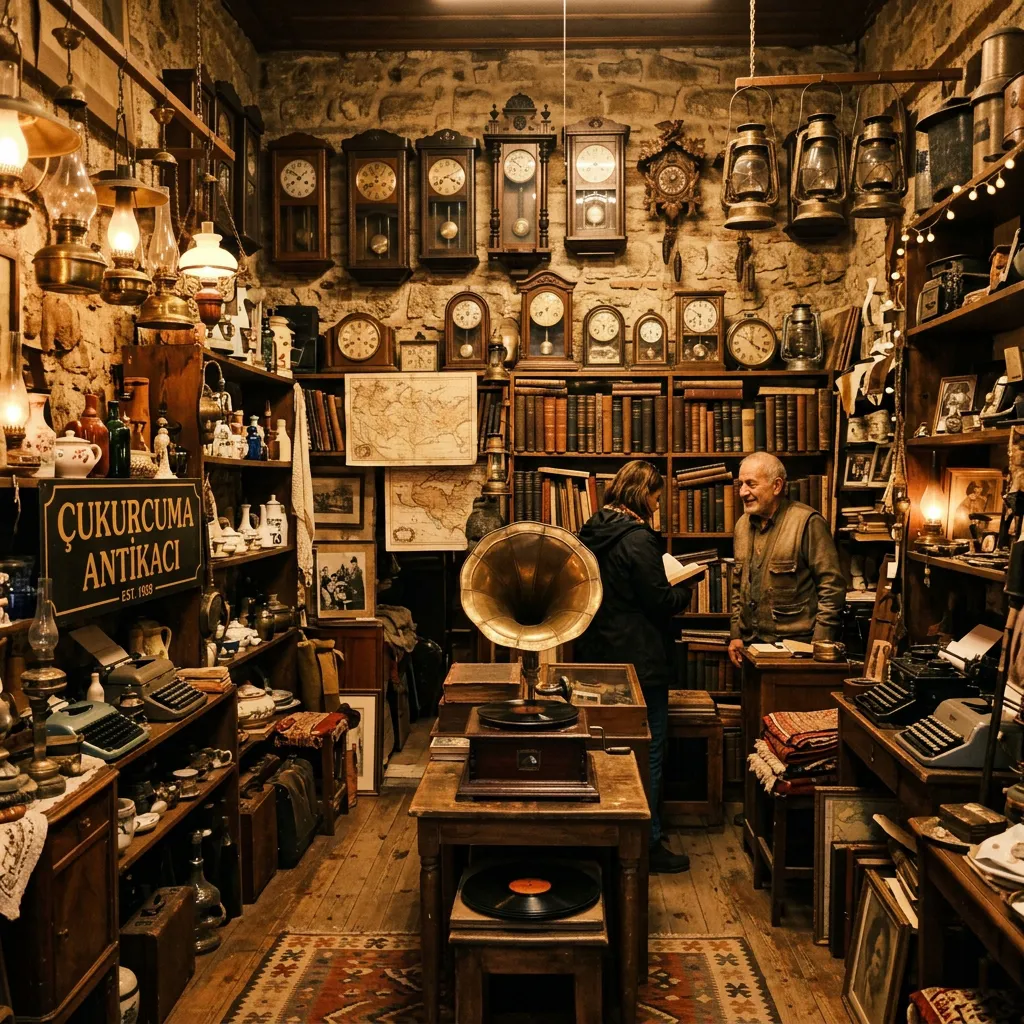 Çukurcuma antique shop interior in Istanbul filled with vintage clocks, a gramophone and old books