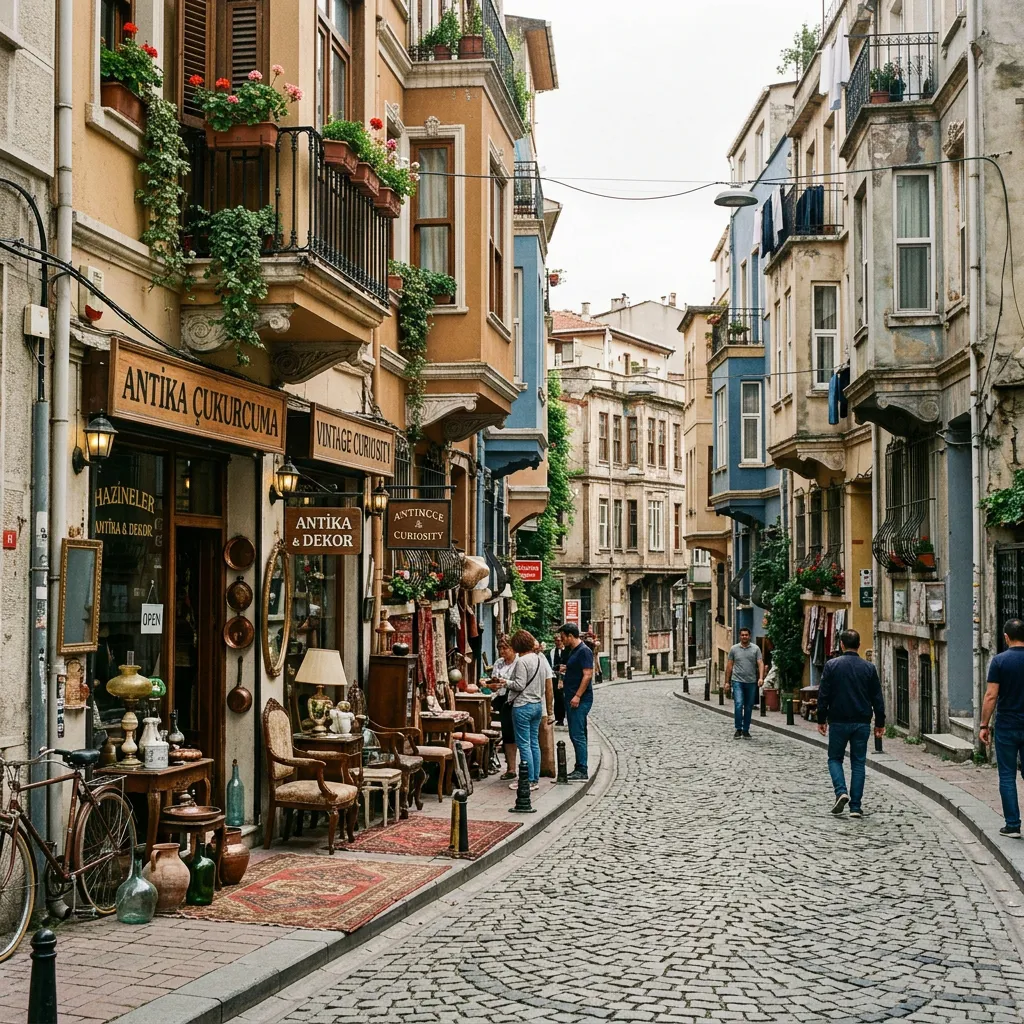 Cobblestone Çukurcuma street in Istanbul lined with antique shop windows and historic buildings