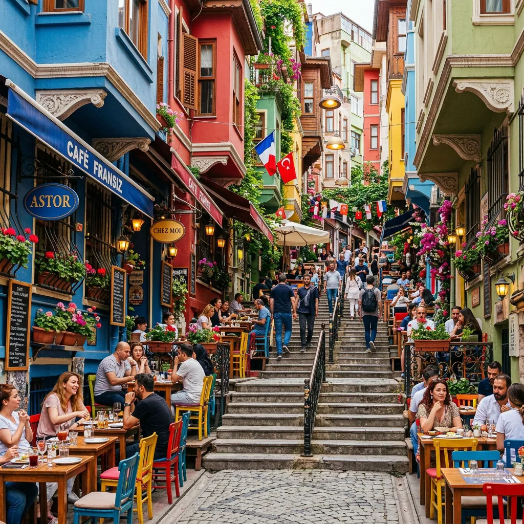 Colourful Çukurcuma stepped street in Istanbul with vibrant outdoor cafés and bougainvillea-draped houses