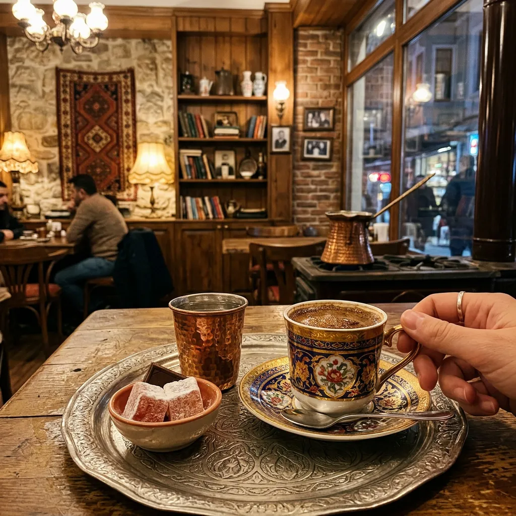 Turkish coffee served with lokum on a silver tray in a cosy Istanbul café