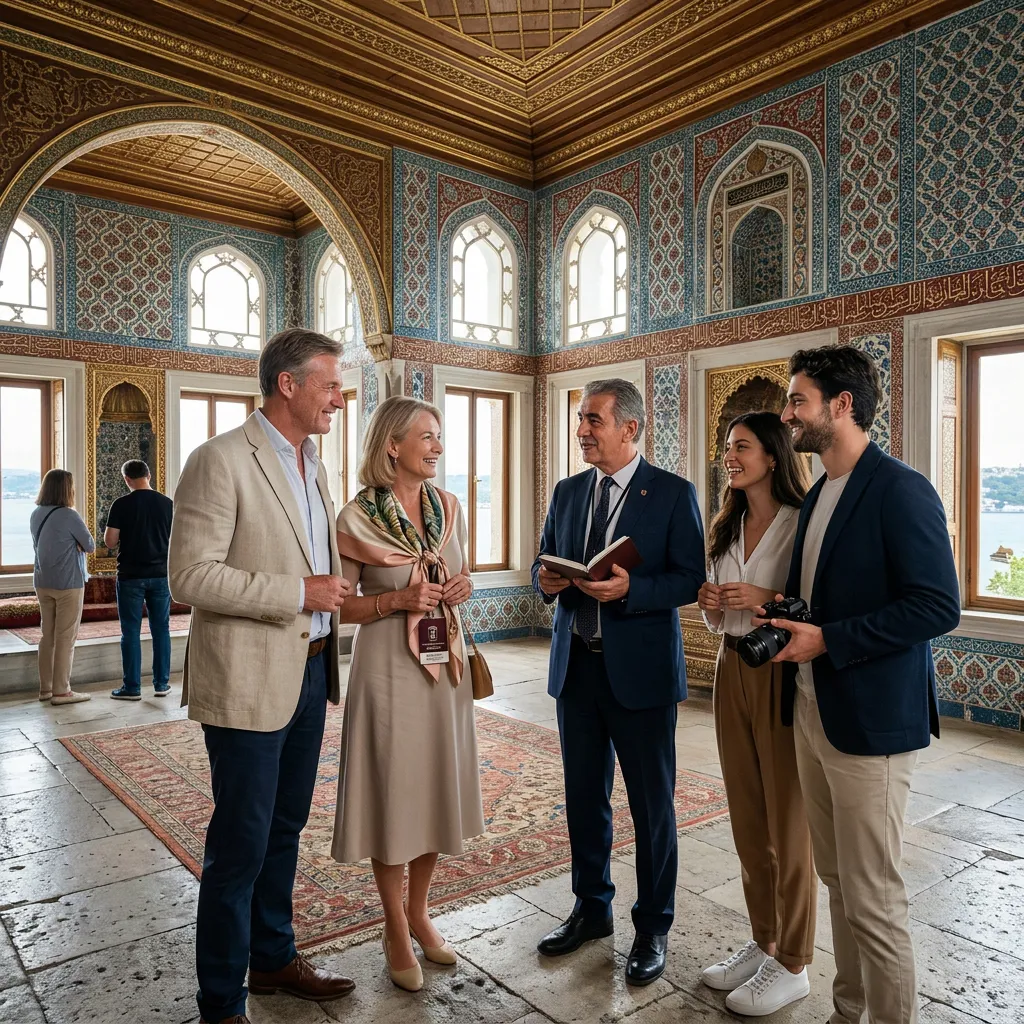 Small VIP group reviewing Ottoman history with a guide in a tiled Topkapi Palace Harem hall in Istanbul