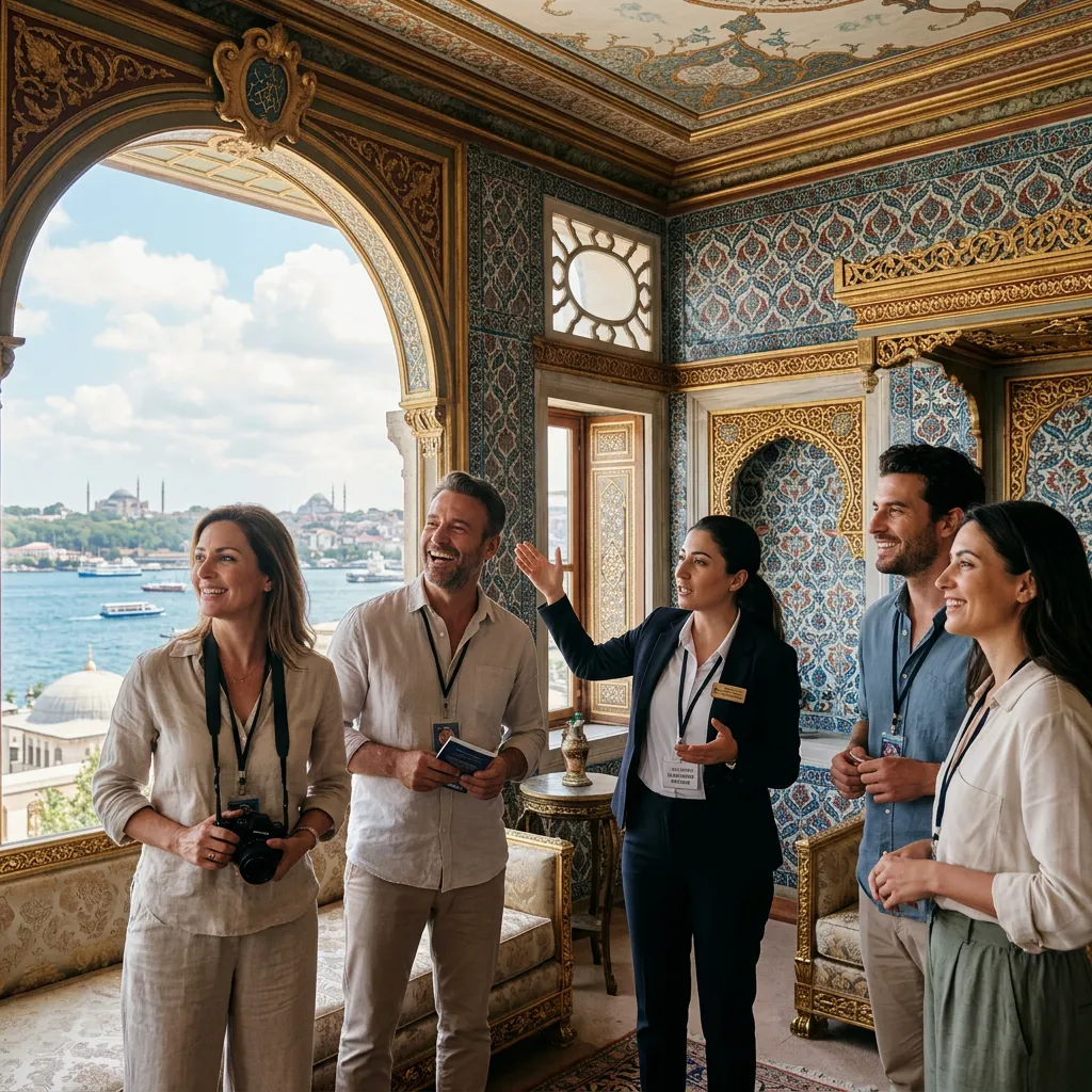Guide showing a VIP group the Bosphorus and Hagia Sophia view through a Topkapi Palace Harem window in Istanbul