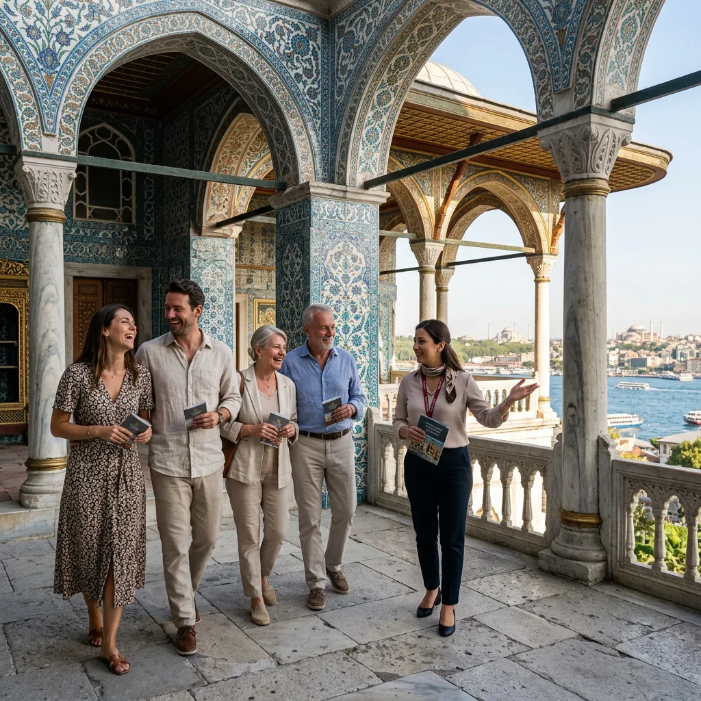 VIP group strolling with a guide on a tiled arched Topkapi Palace terrace overlooking the Golden Horn in Istanbul
