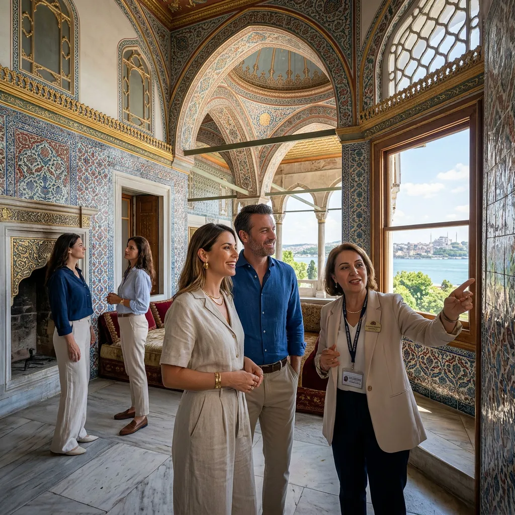 Guide pointing through a latticed window to the sea in a domed tiled Harem chamber of Topkapi Palace in Istanbul