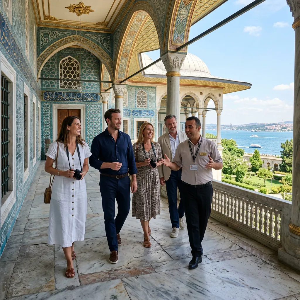 VIP group walking with a guide along a marble colonnaded Topkapi Palace terrace with Bosphorus and kiosk views in Istanbul