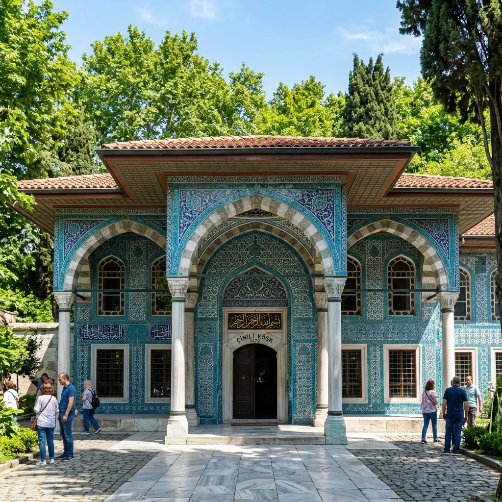 Historic Tiled Kiosk facade adorned with turquoise Iznik tiles in the garden of Istanbul Archaeology Museums