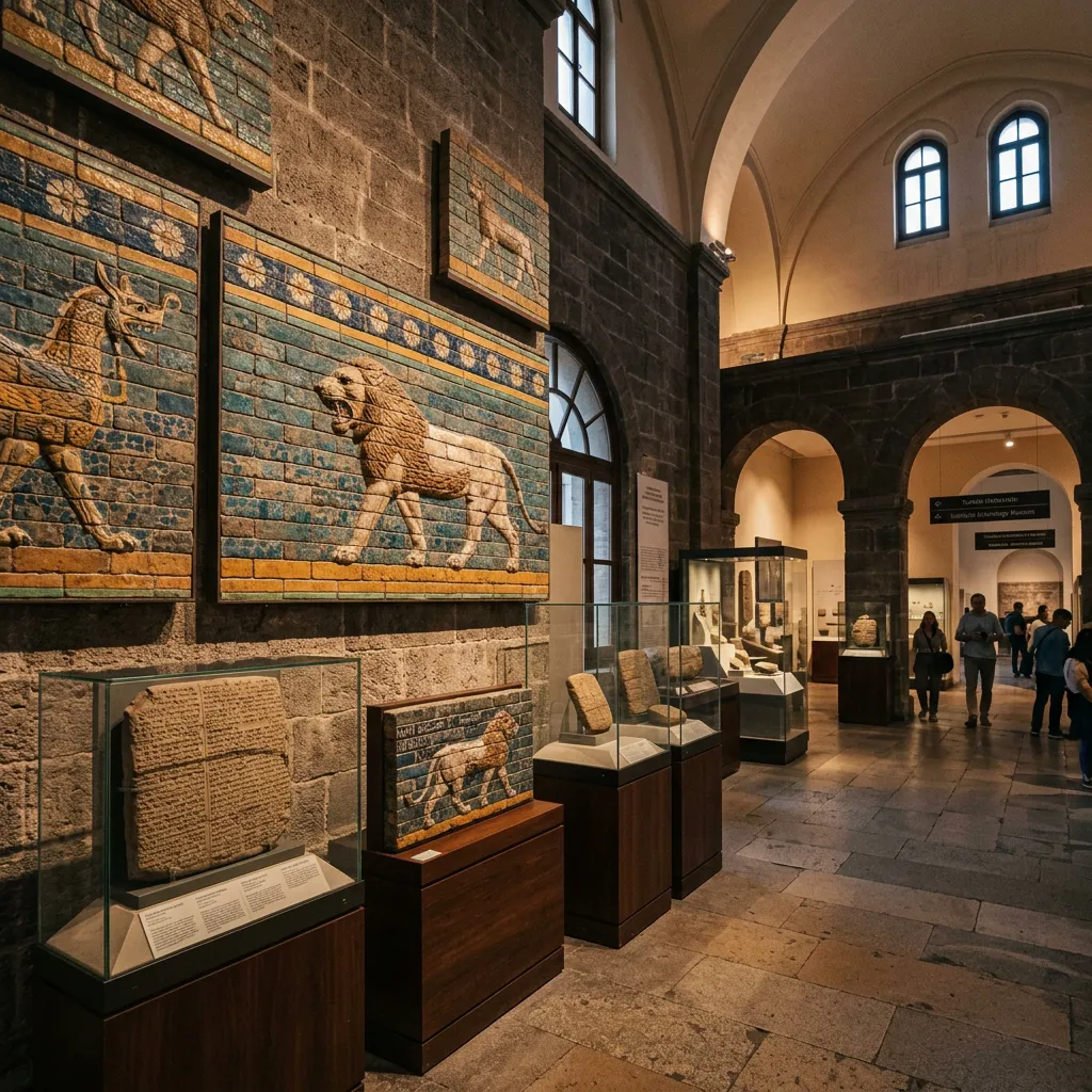 Glazed brick reliefs of the Babylonian Ishtar Gate with lion and dragon figures at Istanbul's Ancient Orient Museum