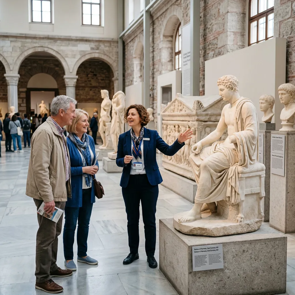 Guide explaining ancient marble statues to a couple in the sculpture gallery of Istanbul Archaeology Museum