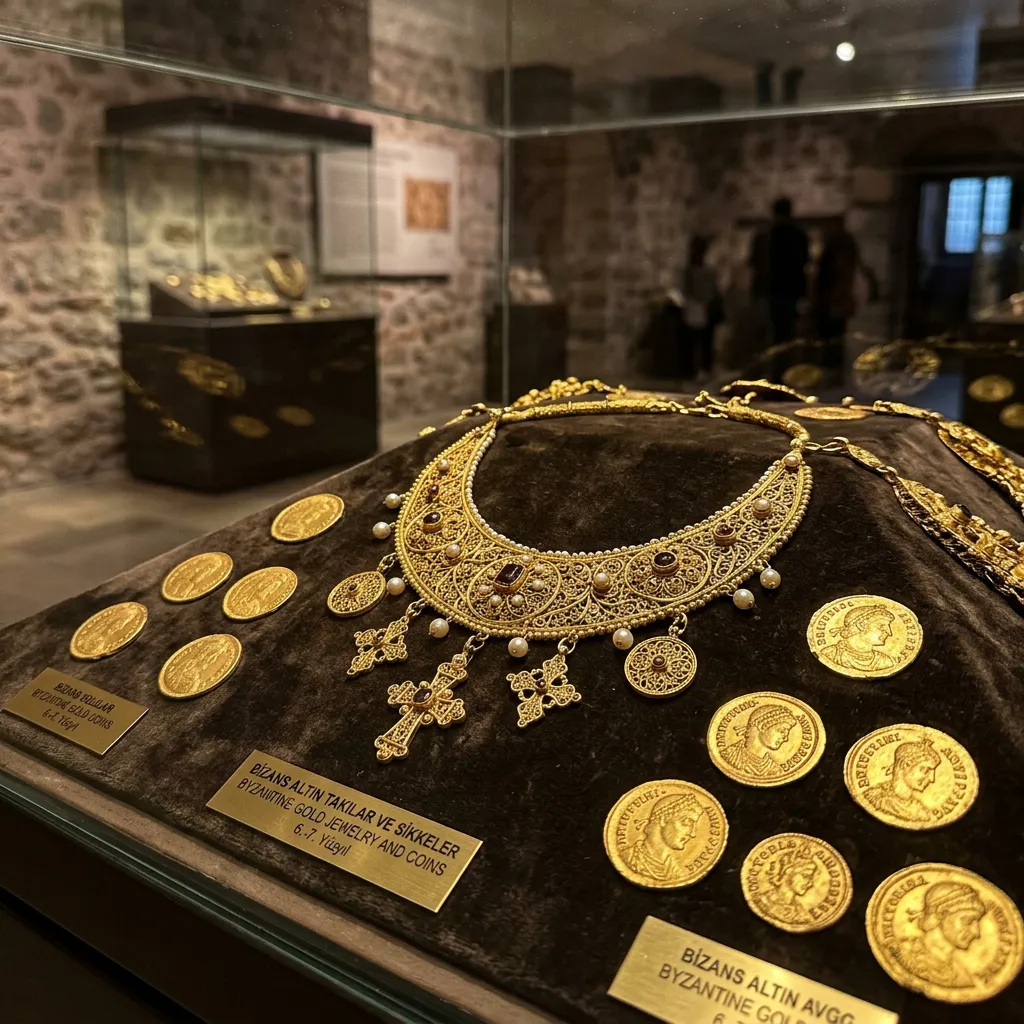 Byzantine gold necklace, crosses and coins displayed in a glass case at Istanbul Archaeology Museum