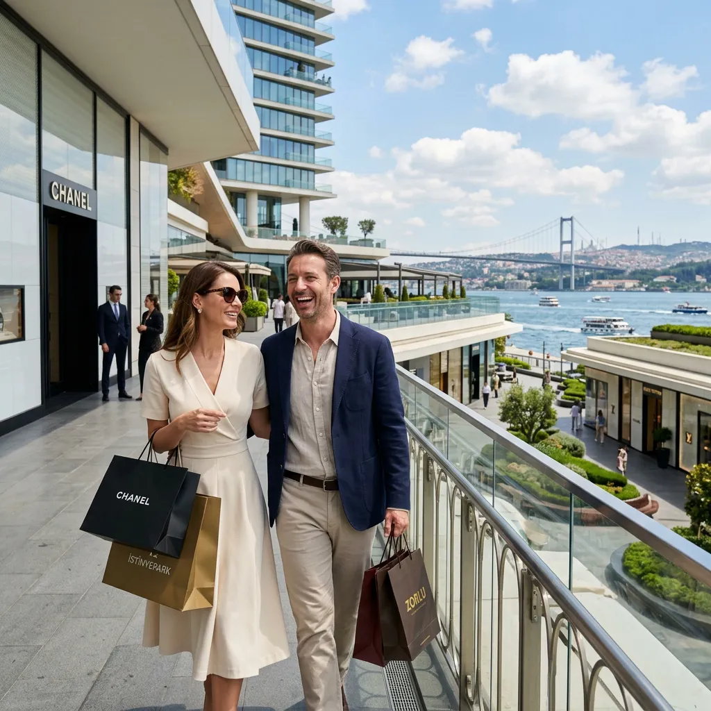 Elegantes Paar geht mit Zorlu- und Istinye-Park-Taschen an einer Chanel-Boutique vorbei auf einer Terrasse mit Bosporus-Blick in Istanbul