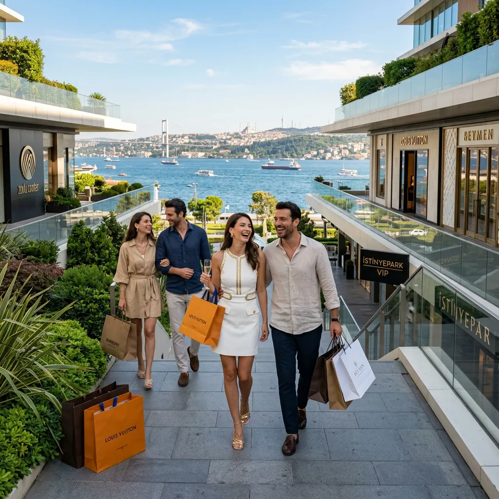 Zwei glückliche Paare steigen einen grünen İstinyePark-VIP-Weg mit Luxus-Einkaufstüten und Bosporus-Blick in Istanbul hinab