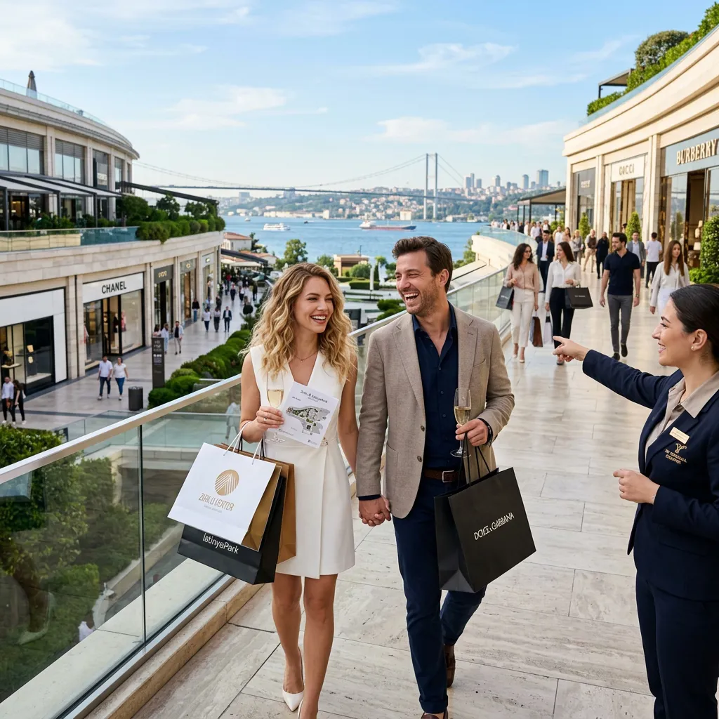 Eine uniformierte Reiseleiterin weist einem Paar mit Einkaufstüten den Weg auf einer Terrasse mit Blick auf Zorlu-Boutiquen und die Bosporus-Brücke in Istanbul
