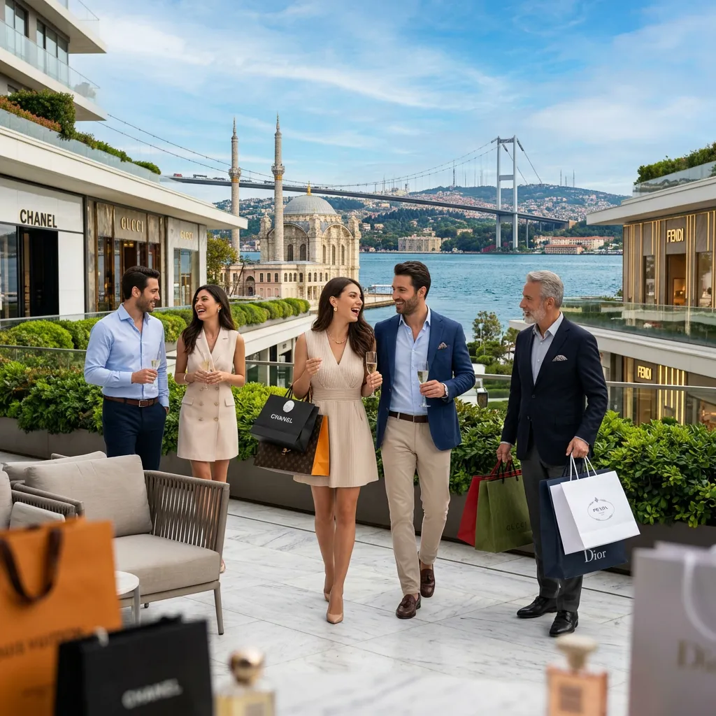 Eine fünfköpfige Gruppe feiert mit Champagner und Designer-Taschen auf einer Luxusterrasse mit Blick auf die Ortaköy-Moschee und die Bosporus-Brücke