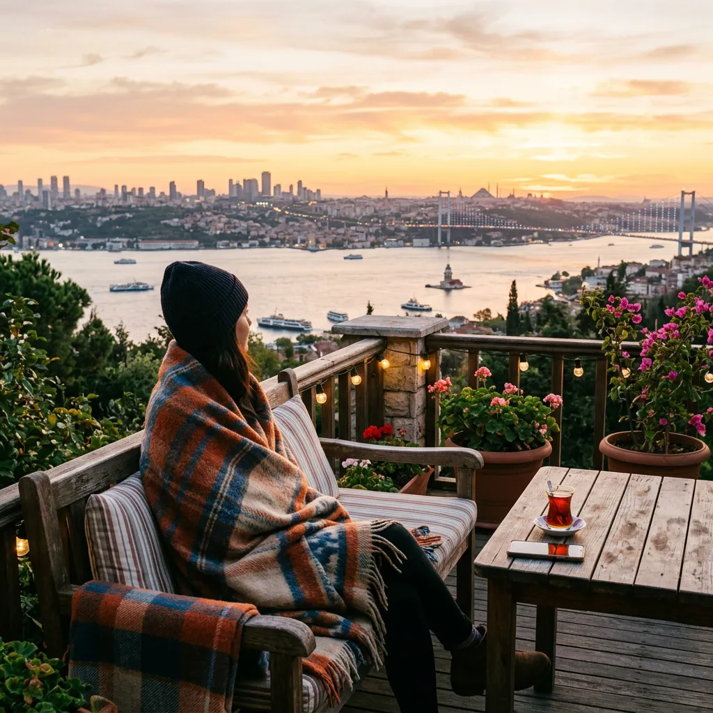 Woman wrapped in a blanket sips Turkish tea on a terrace, watching the dawn Bosphorus view
