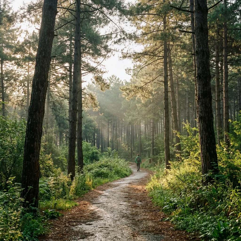 A walker on a misty morning path among tall pines in Çamlıca's woodland grove