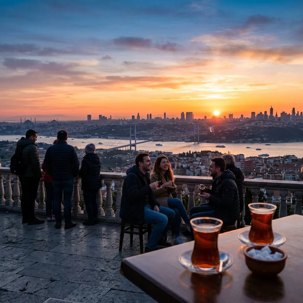 Visitors enjoying Turkish tea on Çamlıca terrace as the sun rises over the Bosphorus Bridge