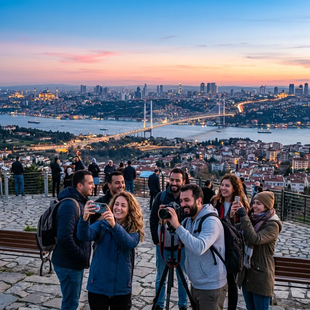 Tour group capturing the Bosphorus Bridge and Istanbul skyline at dawn from Çamlıca terrace