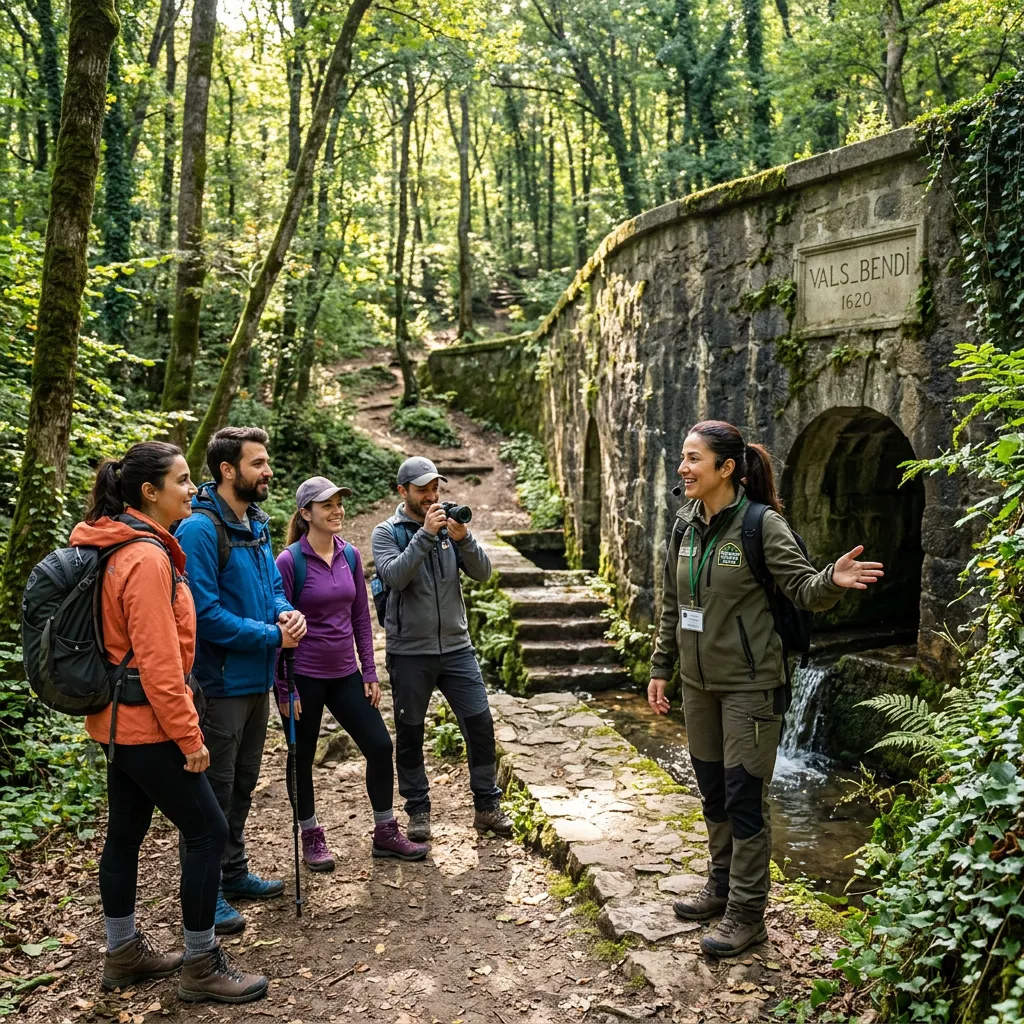 Professional guide explaining a historic Ottoman dam to hikers in Istanbul's Belgrade Forest