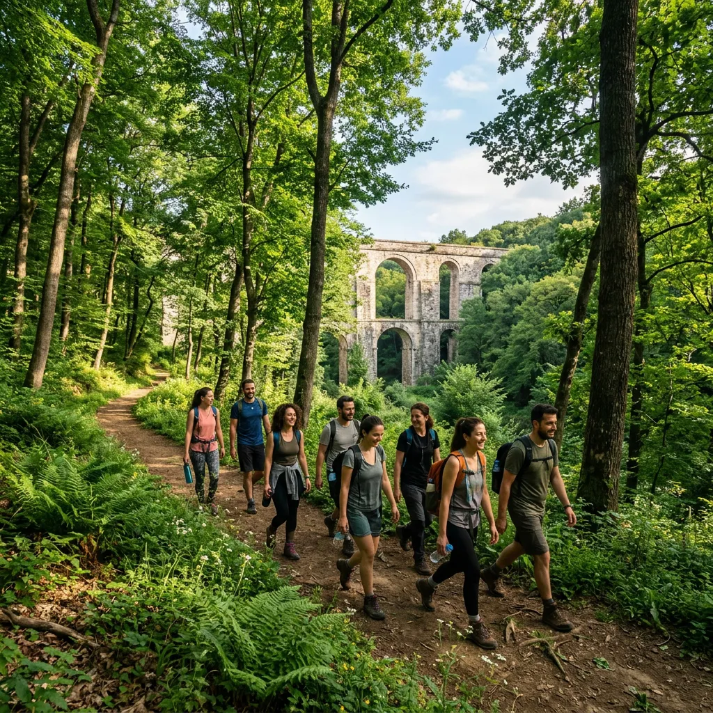 Hiking group walking a lush green trail past a historic aqueduct in Istanbul's Belgrade Forest