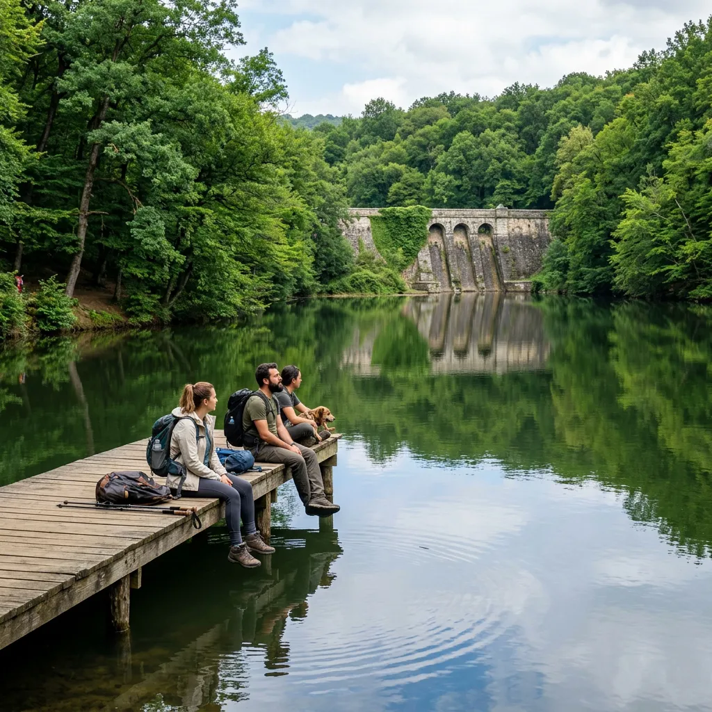 Hikers resting on a wooden pier by a reservoir lake at the dam in Istanbul's Belgrade Forest
