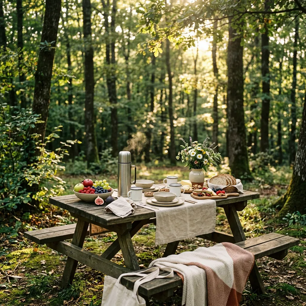 Forest picnic with fruit, bread and a flask set on a wooden table in Istanbul's Belgrade Forest