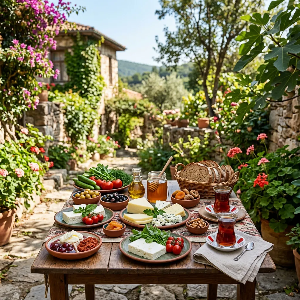 Traditional Turkish village breakfast spread in a garden with cheeses, olives, honey and brewed tea