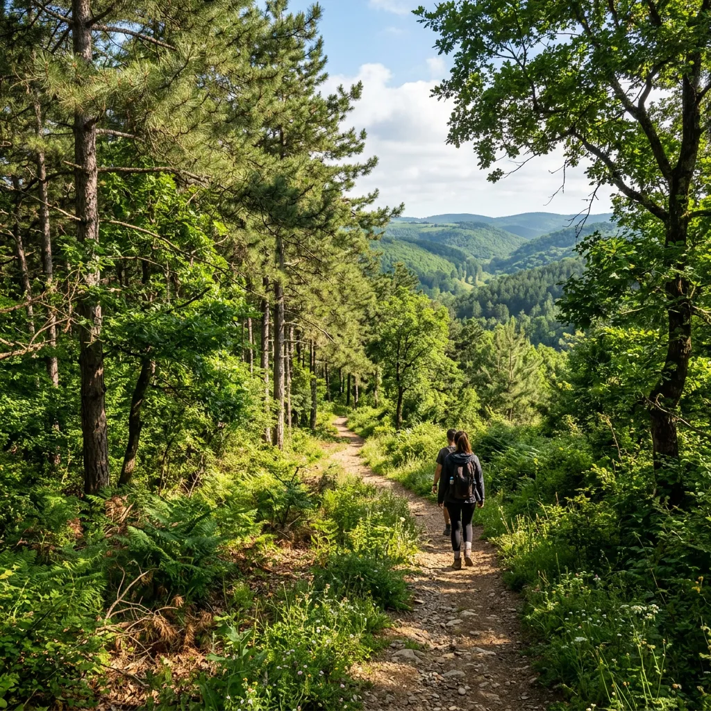 Backpacker hiking a forest trail through lush green hills in the Sarıyer countryside