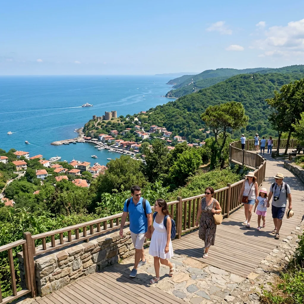 Families walking a wooden coastal boardwalk overlooking Yoros Castle and a Bosphorus bay village