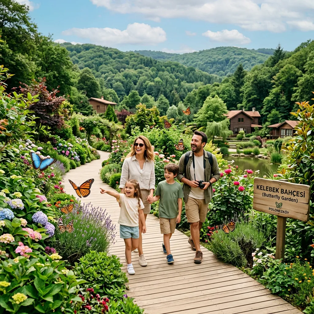 Family walking the wooden boardwalk at Polonezköy Butterfly Garden with forested hills and a lake near Istanbul