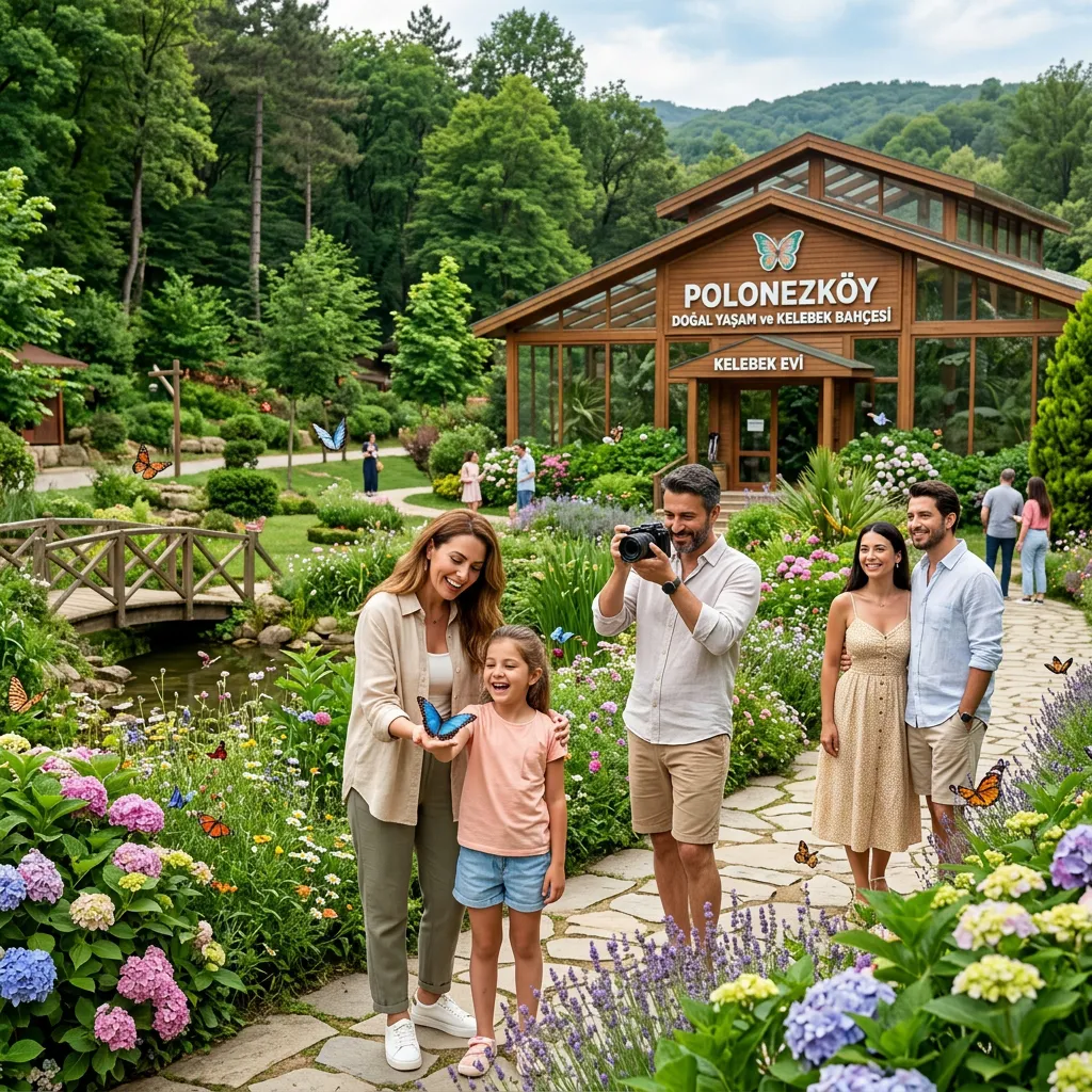 Family by the Polonezköy Butterfly House with wooden greenhouse, lavender and wildflowers near Istanbul
