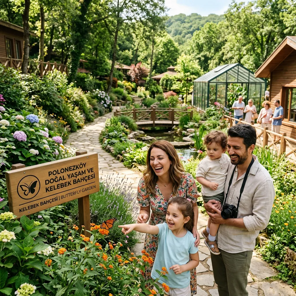 Family discovering flowers by the Polonezköy Butterfly Garden sign with a wooden bridge and glass conservatory