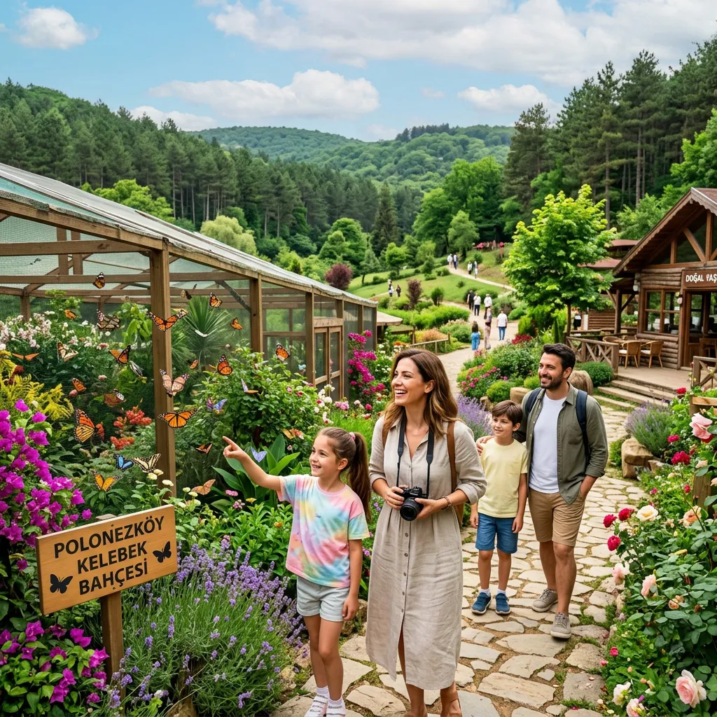 Family watching colorful butterflies by the glass conservatory at Polonezköy with a wooded valley and rustic cafe