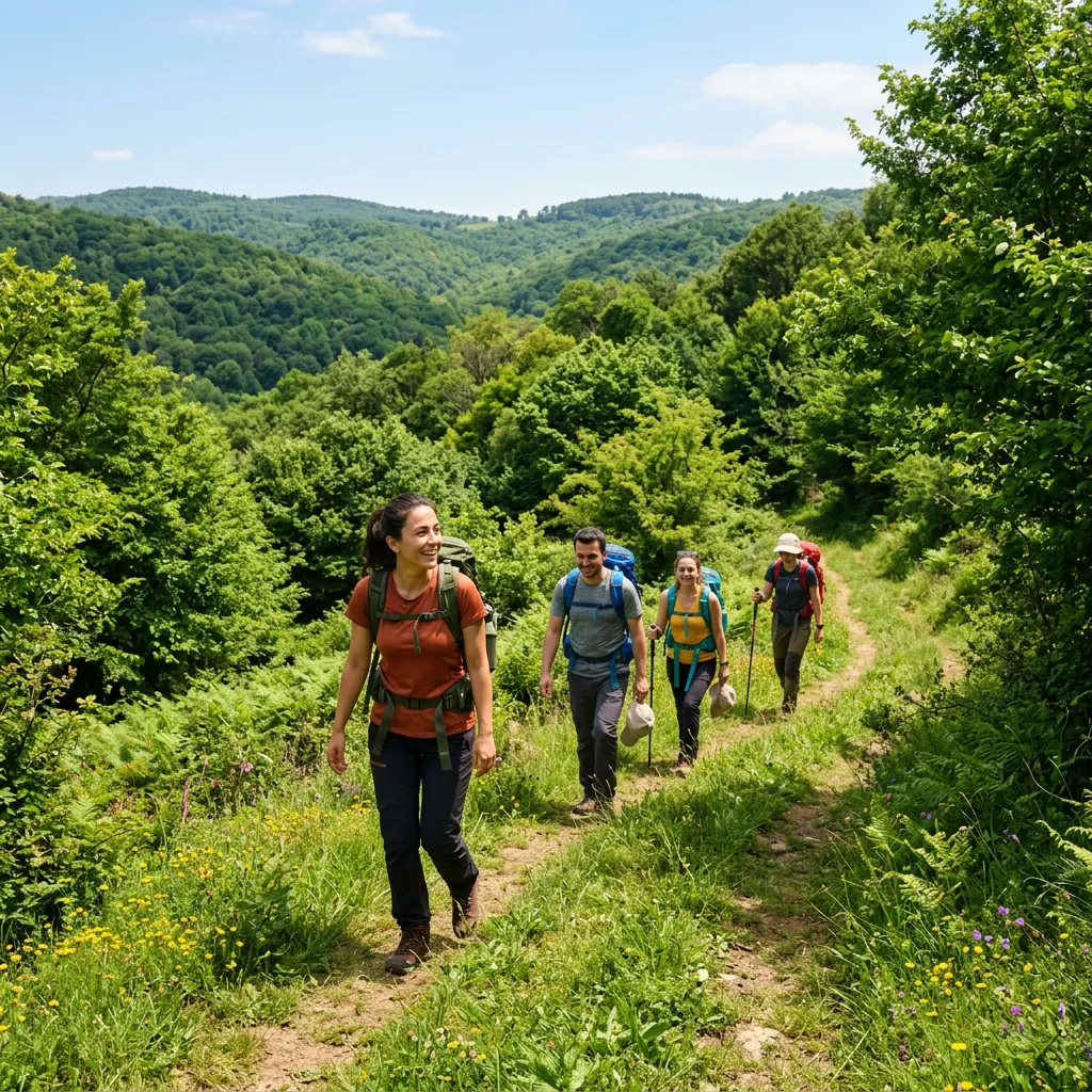 Smiling hikers walking a wildflower trail through green forested hills near Çatalca, Istanbul